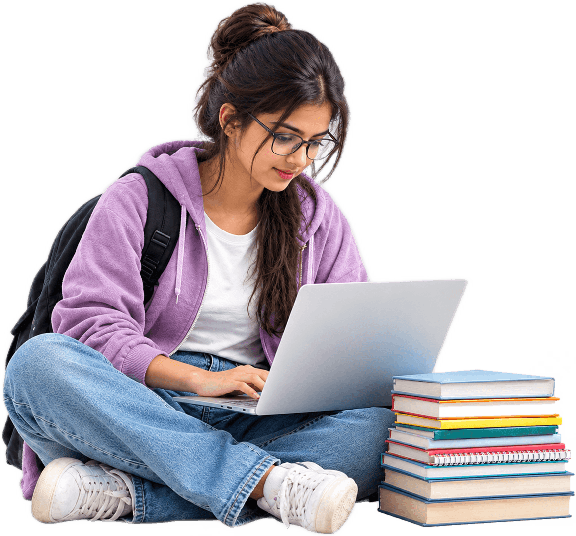 Student studying on a laptop with a stack of books